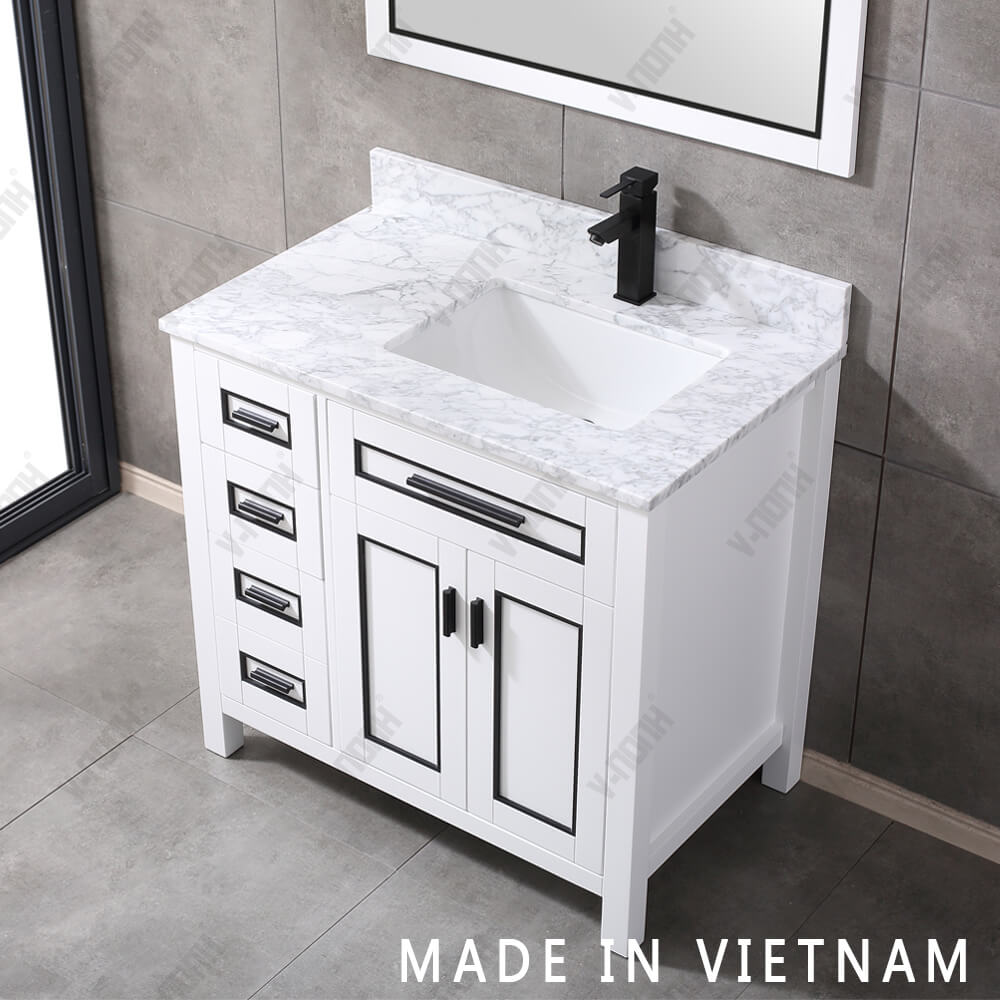 36" Single Sink Matt White Bathroom Vanity with Carrara White Marble Countertop